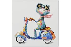 JAPO ART Frog Canvas Wall Art Painting 100% Hand Painted Cute Painting Funny colorful Animal Picture Stretched Frame for Kidroom Living Room Bedroom Ready to Hang ( Hippie Frog Ride Motorcycle, 24 x