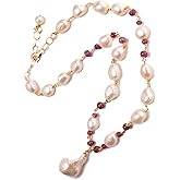 Genuine Freshwater Baroque Pearl, Ruby Faceted Rondelle Spacers, 25mm Baroque Pearl Pendant 14K Gold Filled Necklace 18" with 2" Extender