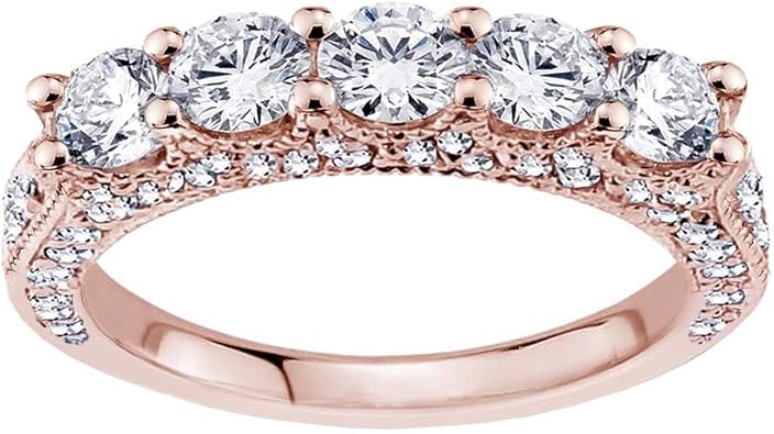 VIP Jewelry Art 1.80 CT TW 5-Stone Diamond Encrusted Anniversary Wedding Ring in 18k Rose Gold