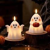 Eldnacele Ghost Halloween Flameless Candles Battery Operated with 6H Timer | LED Pillar Candles Flickering 3D Wick, Hand Painted Real Wax Long Lasting, Cute Halloween Indoor Decor, 3.5