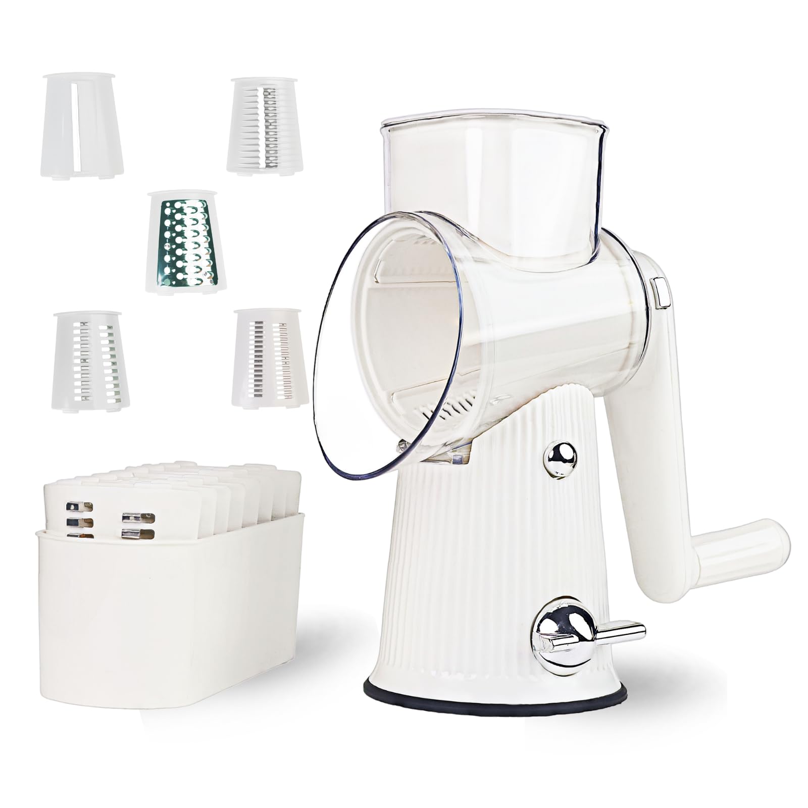 Photo 1 of TOPAA Rotary Cheese Grater with Handle Vegetable Shredder with 5 Blades, Round Mando line Slicer and Food Chopper for Kitchen (White)
