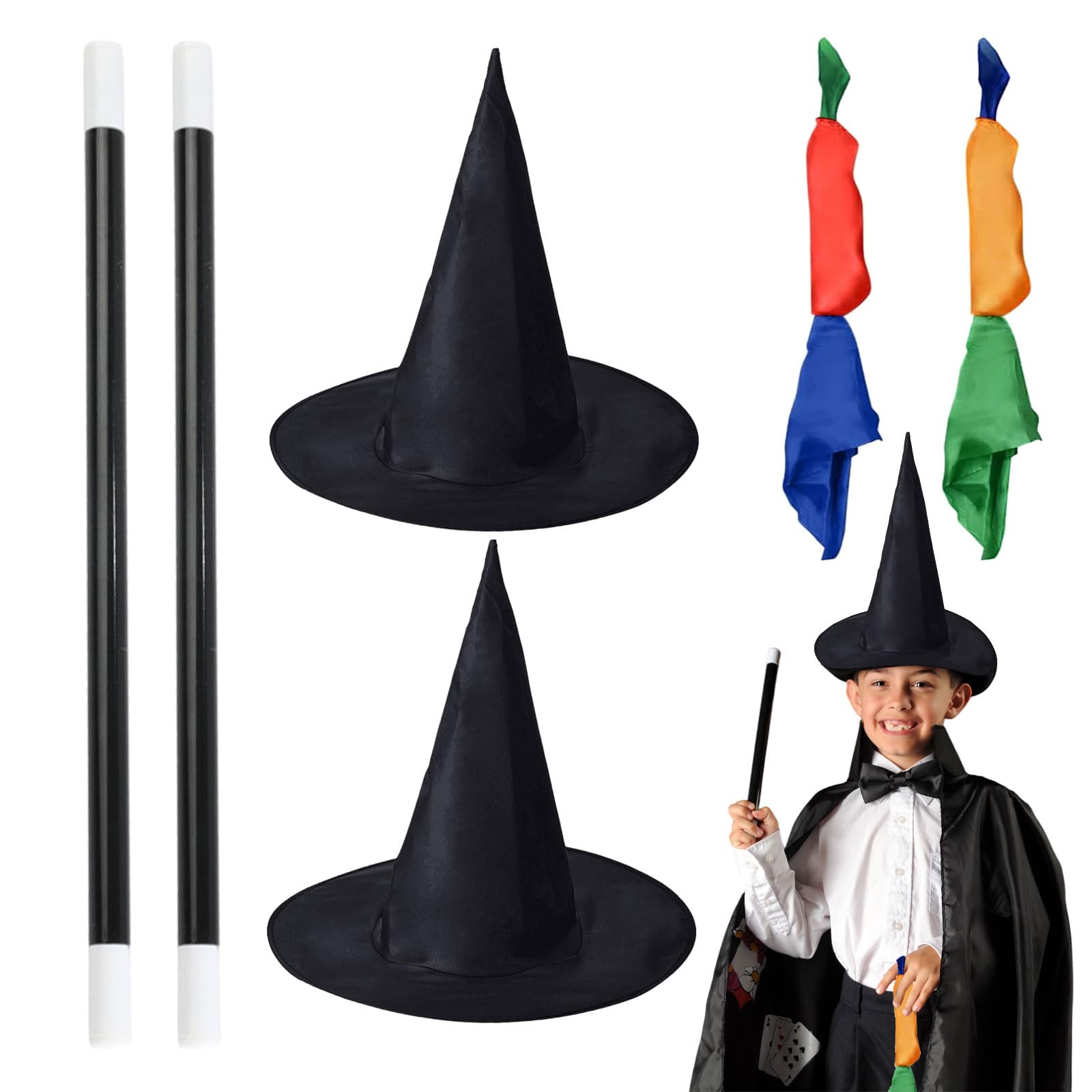 UILYNIU 6 Pieces Magician Costume Halloween Witch Hat Magic Scarf Color Changing Hanky Props Scarf Magic Stick, Magic Trick Props Supplies Trick Toy for Kids Adult Party Favors Surprise Gift (6PCS)