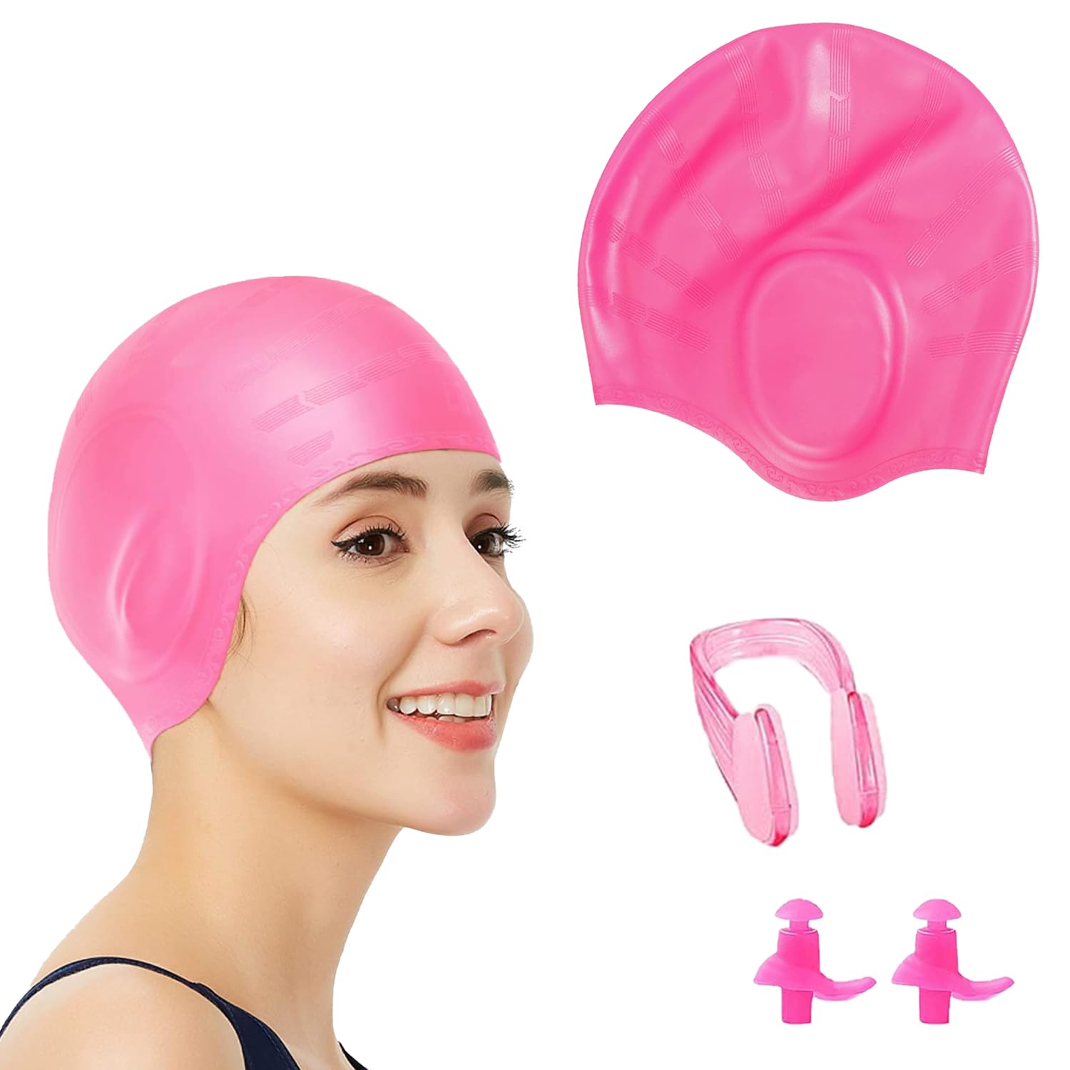 Premium Silicone Swimming Cap with 3D Ear Protection - Includes Bonus Earplugs & Nose Clip, Comfortable Waterproof Swim Hat for Children & Adults (Fits All Hair Lengths)