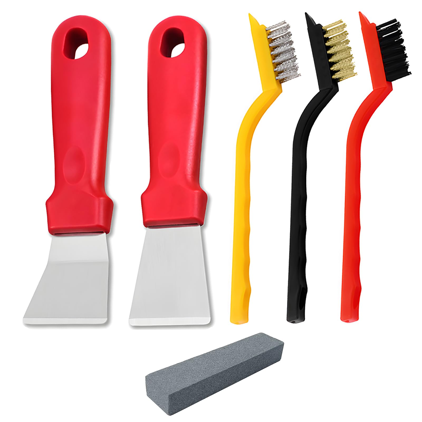 JXPXJMY 5PCS Cleaning Tool Set Including 2 Scrapers and 3 Brushes, Stainless Steel Multifunctional Scraper with Sharpening Stone for Stove Cookware Oven Floor Drain Refrigerator (Red)