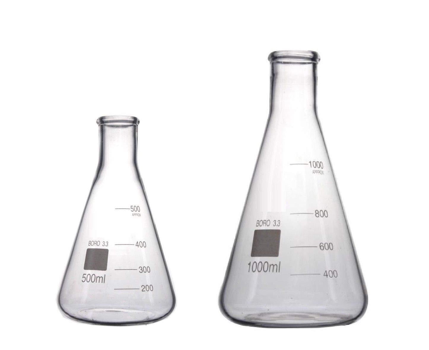 Rocwing - Borosilicate 3.3 Glass Graduated Conical Erlenmeyer Flask for Laboratory (500ml+1000ml)