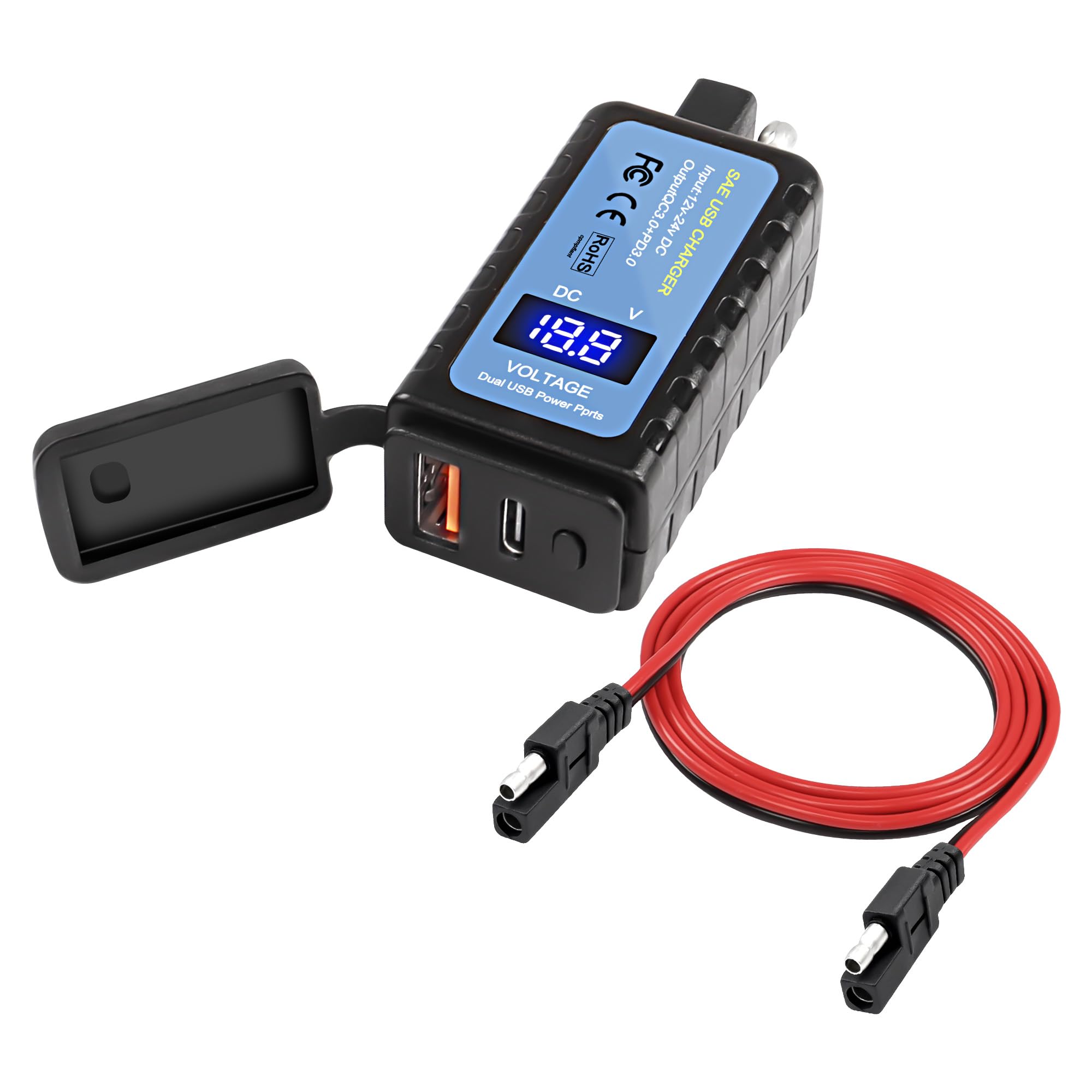 Photo 1 of XMSJSIY Motorcycle Phone USB Charger Adapter SAE to Type-C PD & USB Quick Charge 3.0 Extension Cable with Voltemeter,ON/Off Switch and Waterproof for Phone Tablet GPS etc -1.2M/3.9FT
