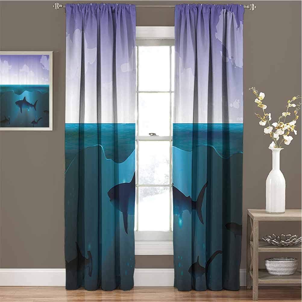 GUUVOR Underwater Blackout Curtain Set Wild Sharks Swimming in Sea Atlantic Ocean Peace Clouds Marine Design Kindergarten Shading Insulation W63 x L84 Inch Violet Petrol Blue