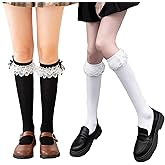 Benefeet Sox Womens Lace Ruffle Knee High Socks Girls Kawaii Lace Top Lolita Stockings Black White Cute Knee High Sock