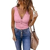 Bigeoosh Womens Lace Patchwork Sexy Deep V Neck Knitted Vests Summer Camis Tank Tops