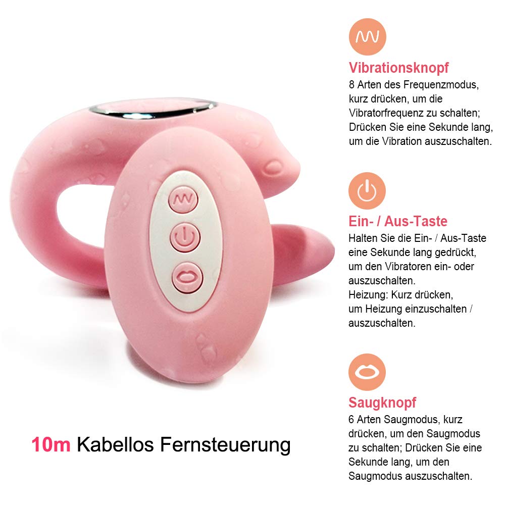 Paarvibrator Partner Vibratoren mit Sauger Funktion und Heizfunktion, Klitorisstimulator für Sie Klitoris-Sauger und G-Punkt Stimulation mit Kabellos Fernbedienung, 8 Vibrationsmodi und 6 Saugintensitäten mit Doppeltem Motor (Rosa)