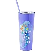 Silver Buffalo Disney The Little Mermaid "There's a Song in My Heart" Featuring Ariel, Sebastian, and Flounder Double Walled Stainless Steel Tumbler with Straw, 22 Ounces
