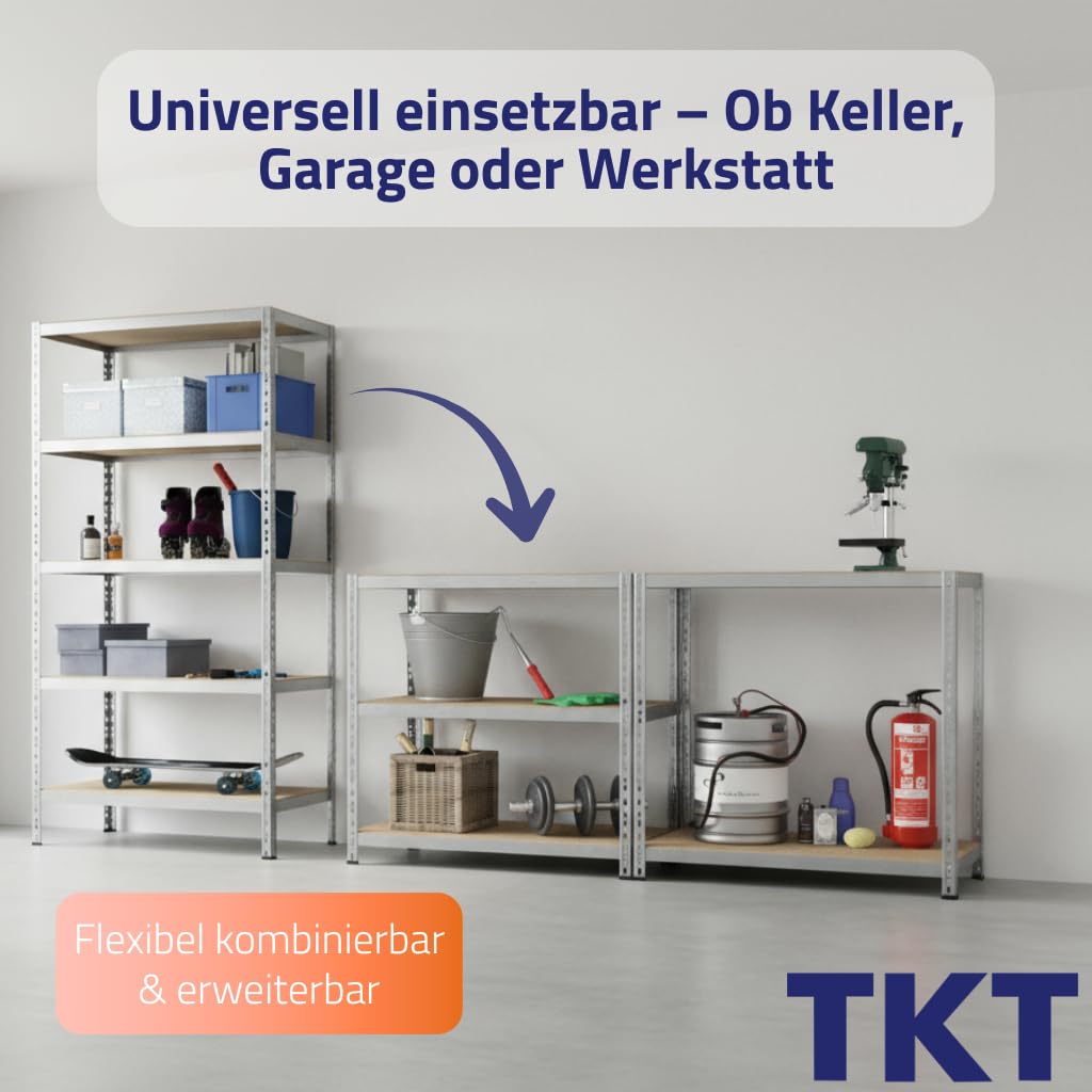 TKT – Work System Steckregal mit Holzböden 180x90x40cm - Verzinktes Regal mit 150kg Tragkraft pro Boden. Schwerlastregal mit 5 Böden für Werkstatt, Wohn- & Kellerraum 6