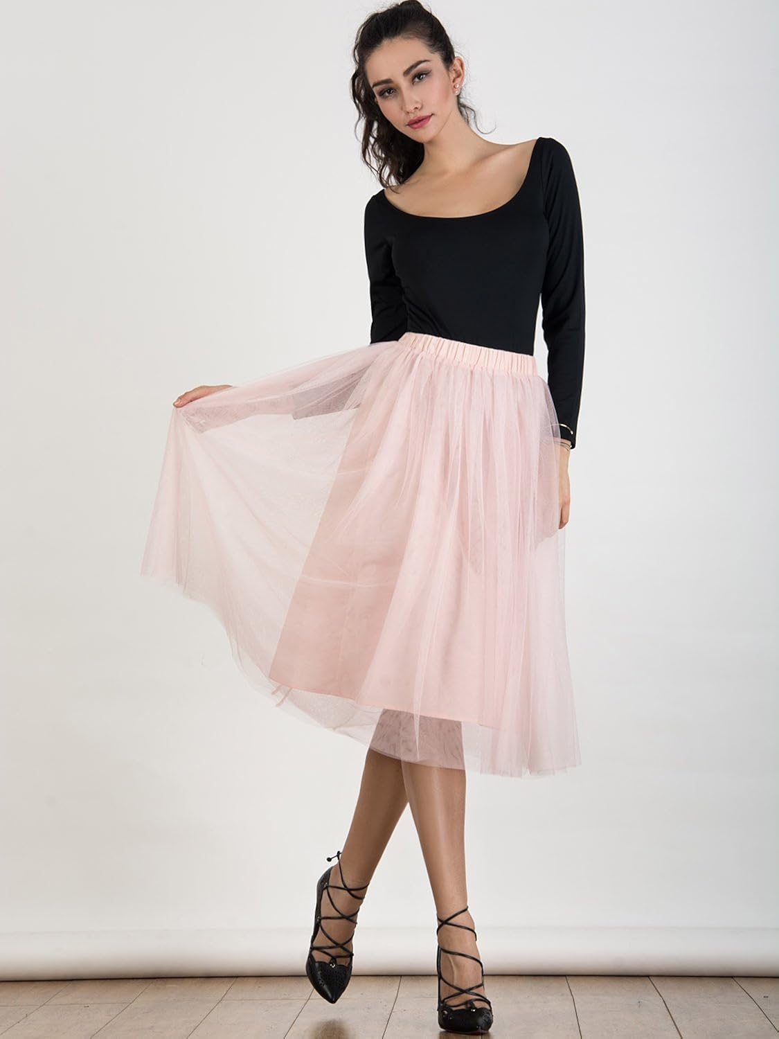 Joeoy Women's Elastic Waist Ballet Layered Princess Mesh Tulle Midi Skirt at  Women’s Clothing store