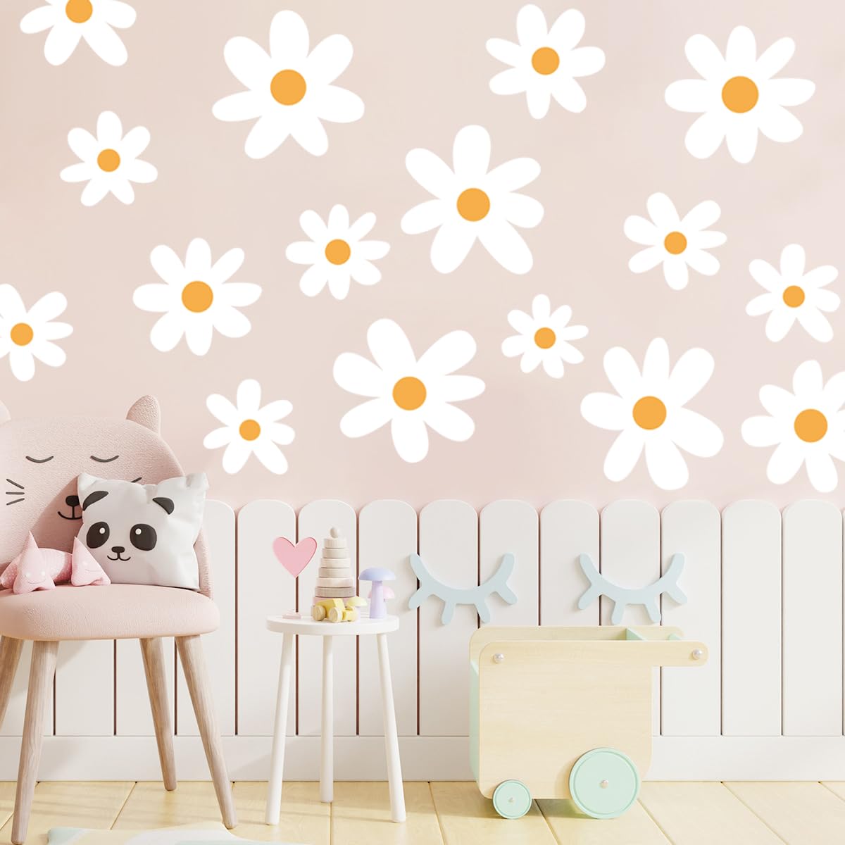 Runtoo White Daisy Wall Decals Boho Flowers Wall Art Stickers Floral Wall Decor for Girls Bedroom Kids Nursery Living Room