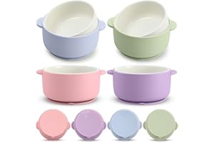 Domensi 4 Sets Kids Porcelain Bowls with Suction Sleeves Toddler Suction Bowl Upgrade Durable Microwave Dishwasher Safe Cereal Soup Snack Dishes for Baby Children Feeding Supplies (Macaron Colors)