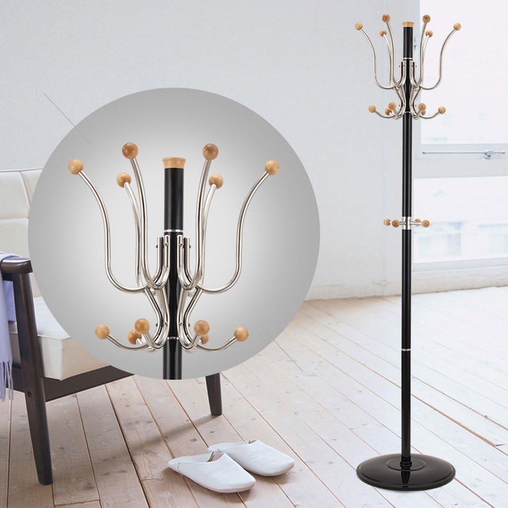Coat racks SKC Lighting Easy Landing Stainless Steel Hook Silver Hook Wood Ball Aluminum Alloy Column Rubber Base Hanger (Color : BLACK)