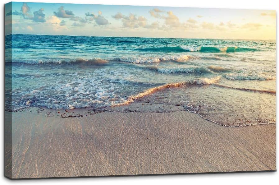AMEMNY Painting Artwork Printed on Canvas Blue Seaview Beach Ocean Wooden Framed Ready to Hang for Bedroom Living Room Bathroom Office Home Decorations