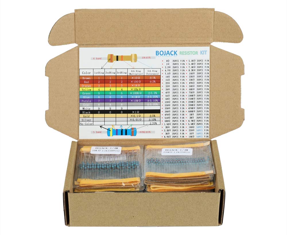 BOJACK 50 Valori 1350 Pezzi Kit Resistori 0 Ohm-5.6M Ohm con 1% 1/4W Resistori a Film Metallico Assortimento