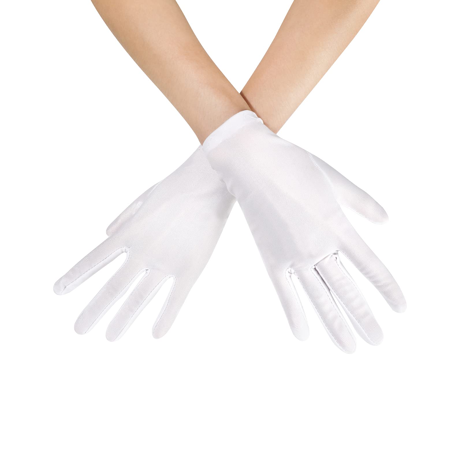 Photo 1 of Womens White Gloves Short Satin Stretchy Gloves Wrist Length Dancing Bridal Gown for 1920s Wedding Opera Party Adult Size