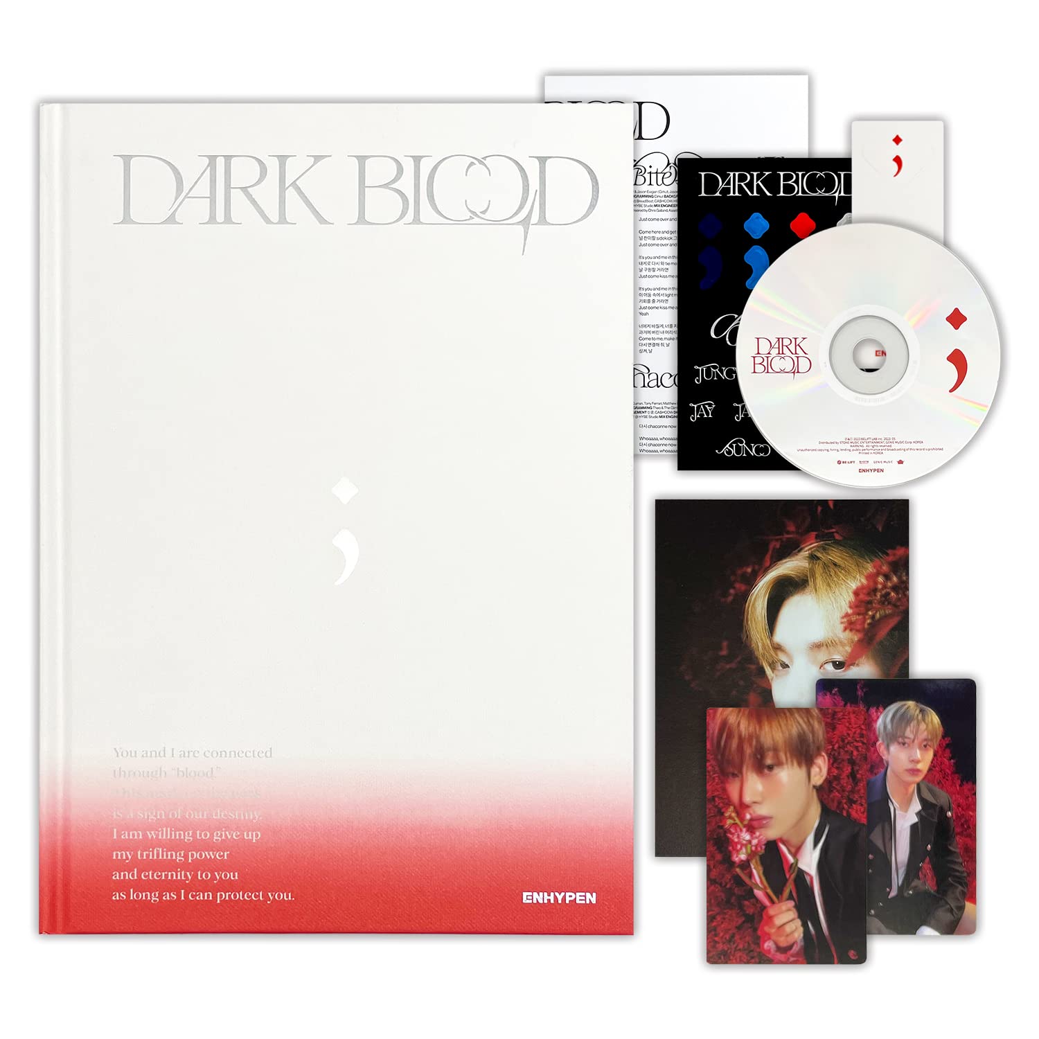 Enhypen – [Dark Blood] (New Ver.) Photo Book + CD-R + Photo Card + Message Photo Card + Sticker + Postcard + Bookmark + Poster With Lyrics + 2 Pin Button Badges + 4 Extra Photocards