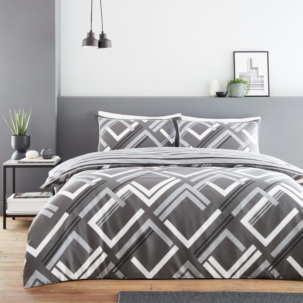 GC GAVENO CAVAILIA Reversible Double Bedding Set, Geometric Duvet Cover Sets With Pillowcases, Soft Poly Cotton Bed Linen, Breathable Quilt Cover (200x200 cm), Charcoal