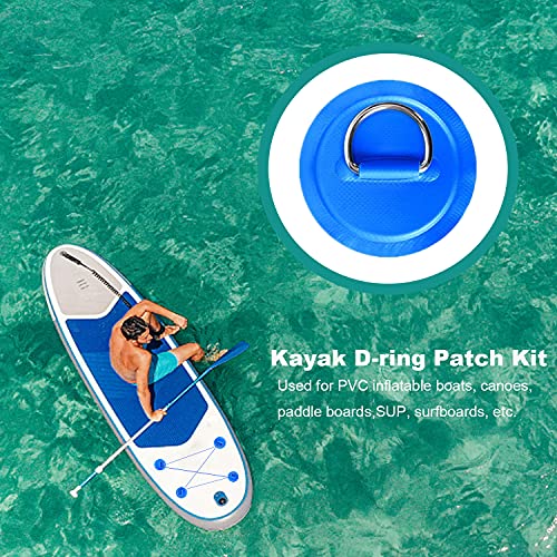 YUNNLEZT D-Ring Patch Kit, 6 Piece Stainless Steel D-Ring Patch Pads with 16ft Blue Elastic Bungee Cord for SUP PVC Inflatable Boat Kayak Canoe