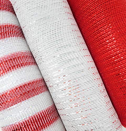Valentine's Red Hearts 10 inch, 10 Yard Deluxe Decorative Metallic Deco Mesh Rolls (White, Red, Red and White)