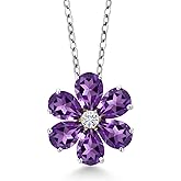 Gem Stone King Pear Shape Flower Pendant Necklace for Women | Gemstone Birthstone Petals and White Moissanite Center | 925 Silver and 10K Yellow Gold | Pear 6X4MM & Round 2.5MM | With 18 Inch Chain