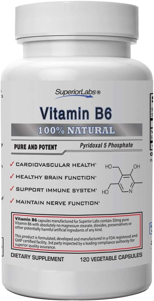 Superior Labs — Best Vitamin B6 Dietary Supplement — 50 mg Dosage ,120 Vegetable Capsules —Supports Immune System Health — Healthy Brain Function — Cardiovascular Health Support: Health & Personal Care