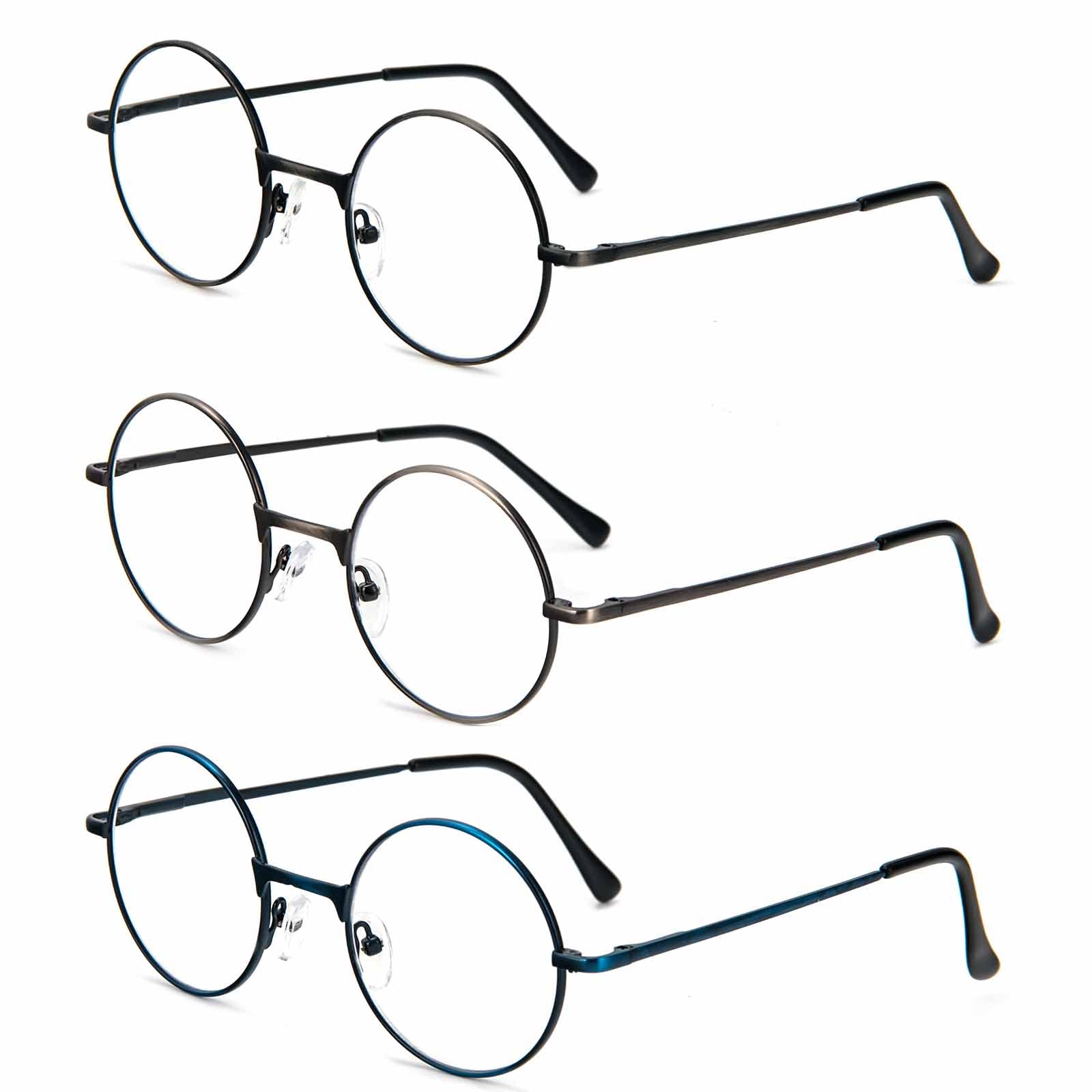 KoKoBin 3 Packs Round Frame Reading Glasses Blue Light Blocking Reader Metal Full Frame Retro Glasses (3 Pairs, 1, diopters)