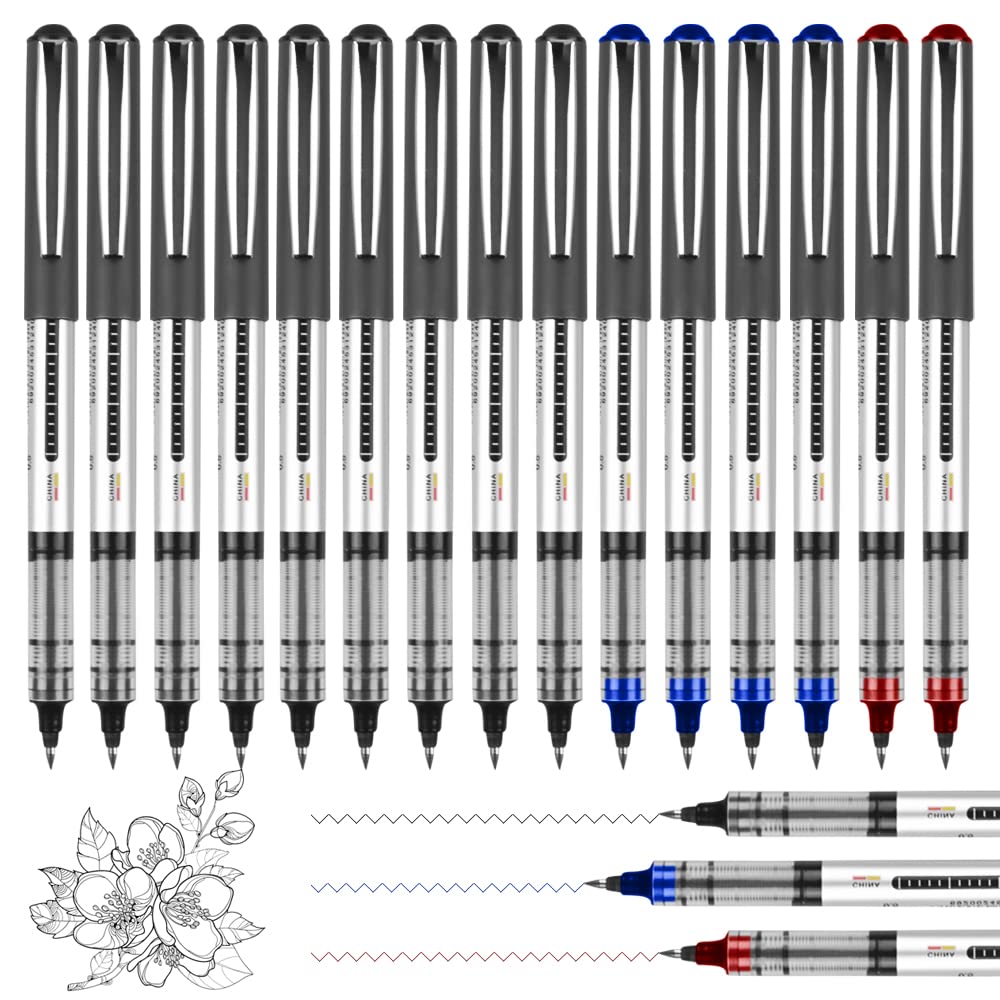 Rollerball Pens,15 Pack 0.5mm Gel Pens black,Quick-Drying Ink Rolling Ball Pens, Black Liquid Ink Pen for Office, Home,School (9 Black, 4 Blue, 2 Red)
