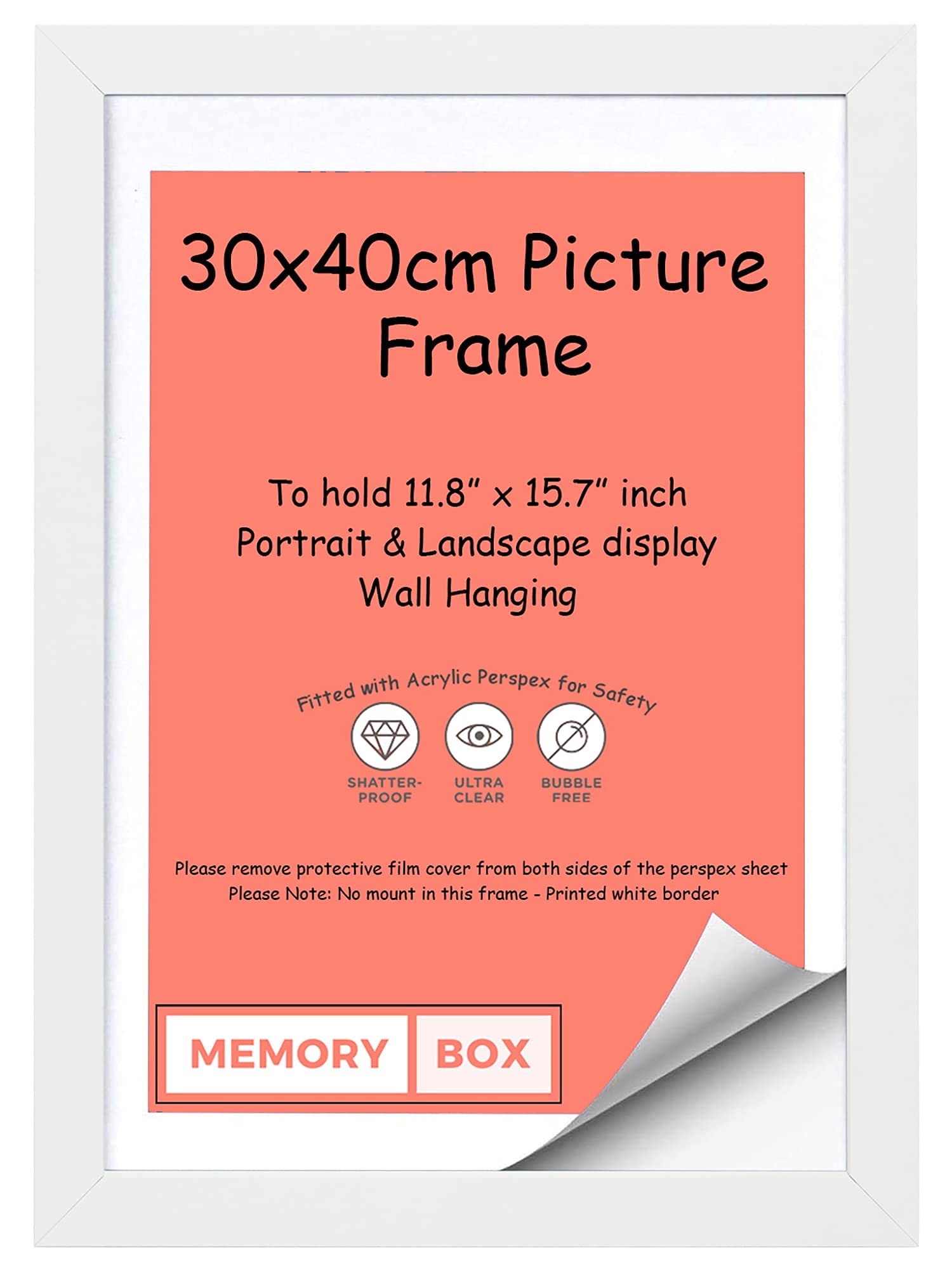 Memory Box Wrapped MDF Picture/Photo/Poster frame with Perspex Sheet - Moulding 20mm Wide and 15mm Deep - (30 x 40cm) White 11.8" x 15.7"