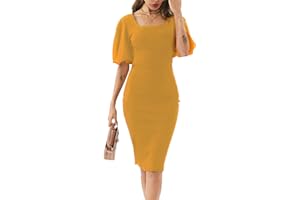 BDWINZ Womens Work Dresses Square Neck Lantern Sleeve Bodycon Cocktail Midi Dress