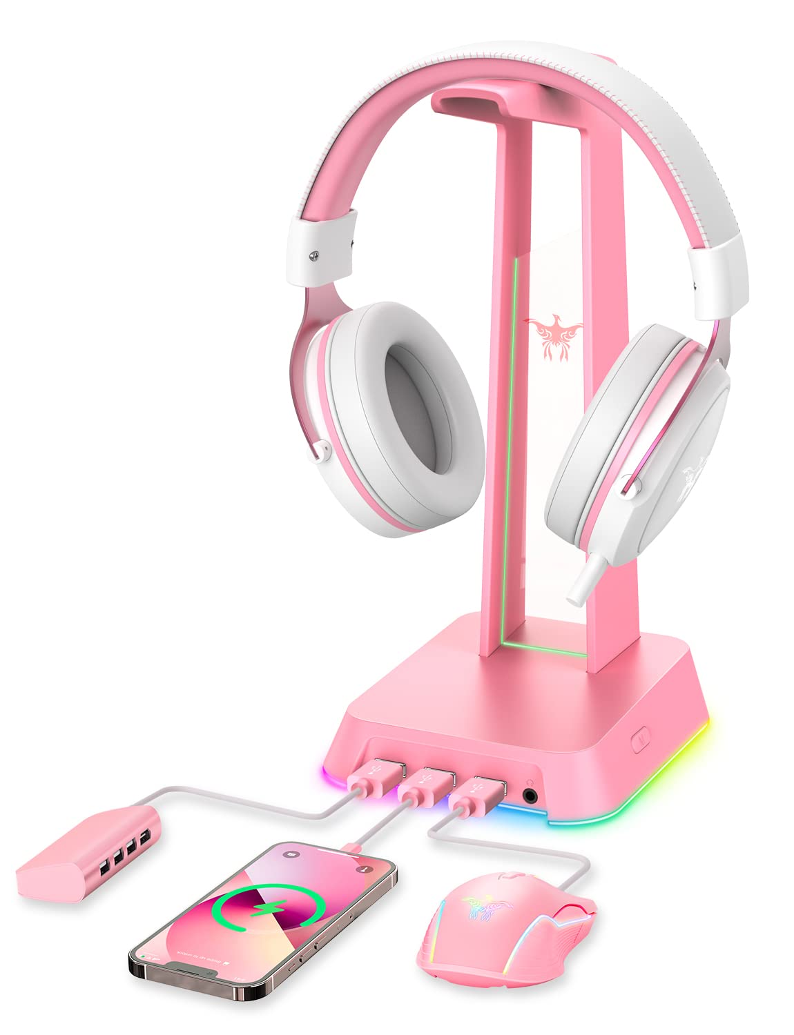 PHNIXGAM Gaming Headset for PS4, PS5, Xbox One Series X/S(No Adapter), PC, Laptop, 3.5mm Cat Ear Headphones with Retractable and Noise Cancelling Microphone, RGB and Surround Sound (Pink Stand)