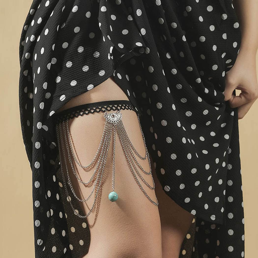 Handcess Boho Leg Chain Silver Turquoise Thigh Chains Elastic Summer Body Chian Beach Harness Body Jewelry for Women and Girls