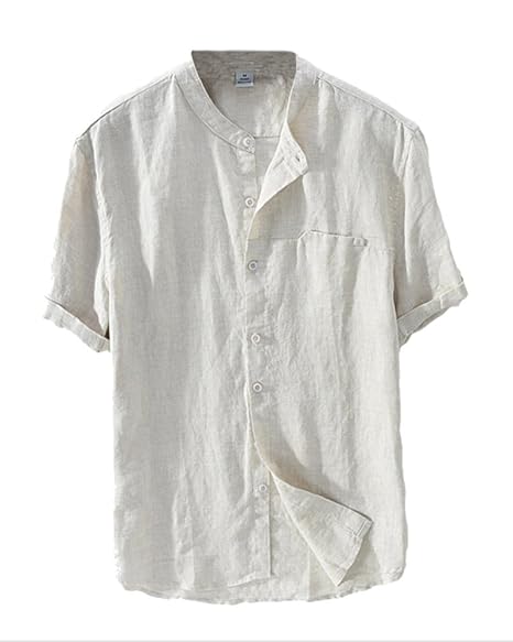 PengGengA Herren Lässig Kurzarm Leinen Hemden Beach Shirts Kragenloses Einfarbig Leicht Hemd