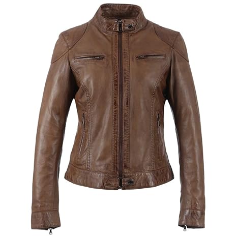 Oakwood Damen Lederjacke Bikerjacke Übergangsjacke Lina Cognac Braun Stehkragen Tailliert Gr. S - XXL