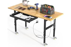 DUSACOM 60" Adjustable Heavy Duty Workbench with Drawers,Rubber Wood Top Working Table, 2500 LBS Load Capacity with Power Outlets&Drawer for Workshop and Office,etc. (60" W x 24" D with Drawer)