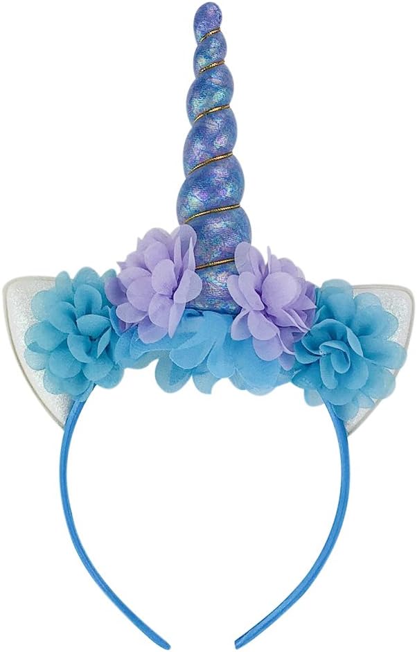 HMGOOD Unicorn Headband, Unicorn Horn Photo Props Cosplay Headdress Ears Flower Headband for Halloween Christmas Party Birthday Cosplay Costume Blue