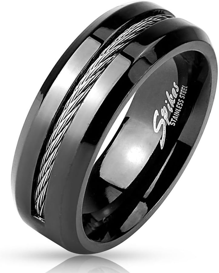 men's stainless steel black ring with cable centre ring, (women's ring, finger ring, partner ring, engagement ring, wedding ring, stainless steel ring, surgical steel)