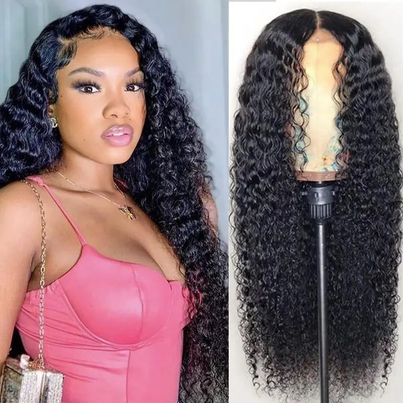 Photo 1 of mdgfge 26 Inch Deep Wave Lace Front Wigs Artificial Human Hair Long Curly Transparent Lace Frontal Wigs Pre Plucked Glueless Natural Black Synthetic Lace Closure Wigs for Black Women