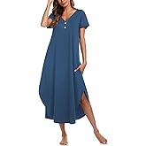 Ekouaer Long Nightgowns for Women Button Night Gowns Short Sleeve Sleepwear Full Length Sleep Shirts With Pockets S-2XL