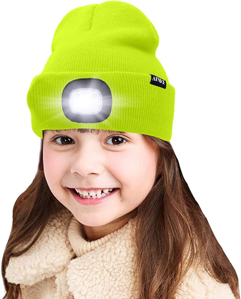 ATNKE Kids LED Lighted Beanie Cap, USB Rechargeable 4 LED Headlamp Waterproof Winter Warmer Knit Night Hats with Light for Boys Girls/Fluorescent Yellow