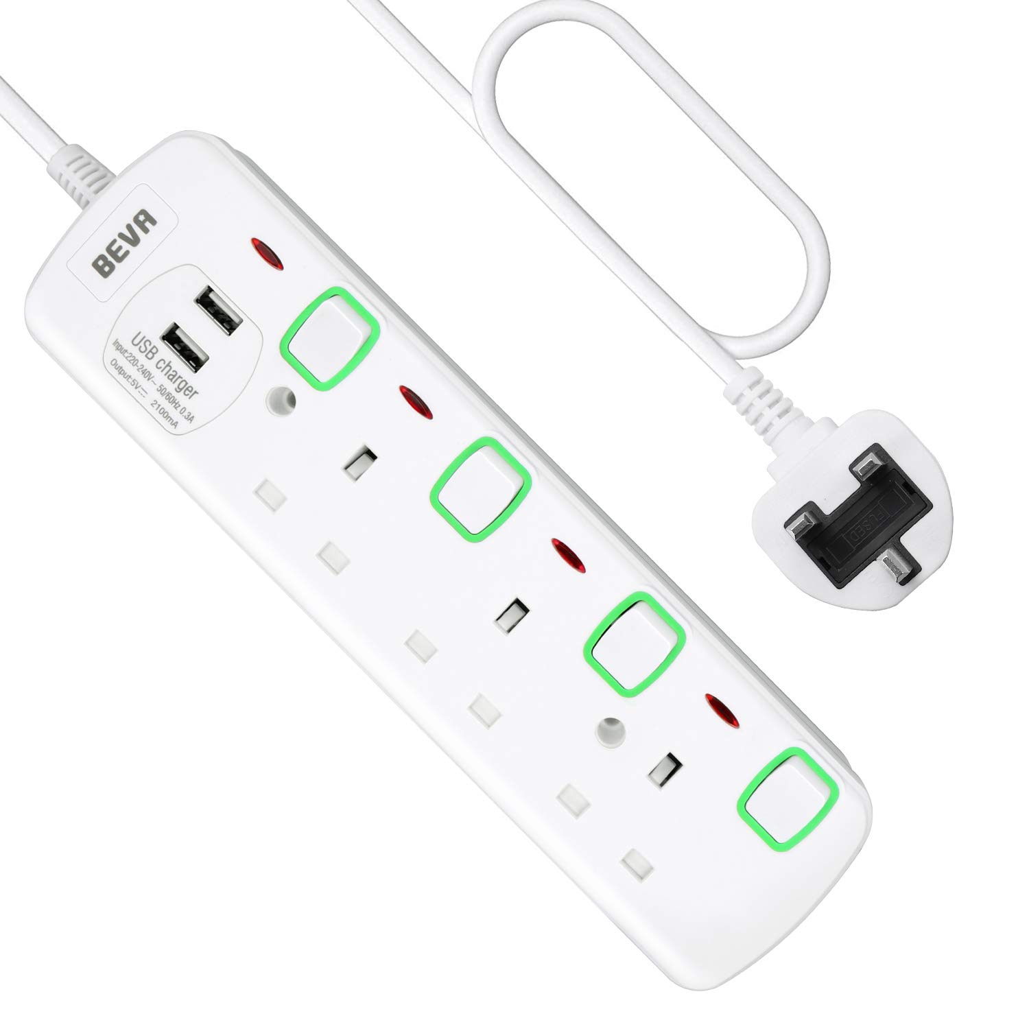 Extension Lead with USB Slots, 3 Way Outlets Power Extension with 2 USB Ports, BEVA Multi Plug