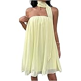 GORGLITTER Women's Strapless Ruffled Babydoll Mini Dress Wedding Sleeveless A Line Mesh Pleated Tube Dresses with Scarf