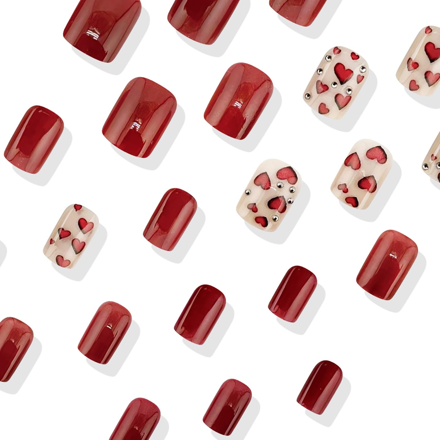 Valentines Press On Nails Short Square Fake Nails Red Heart Nails Press Ons Valentines False Nails With Heart Rhinestone Designs Full Cover Glue On Nails Glitter Stick On Nails For Women - Image 3