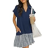 Skoinvb Women's V Neck Striped Polo Dress Short Cap Sleeve Casual Loose Fit Pleated Sweatshirt Shirt Dress with Pockets Dark Blue XXL