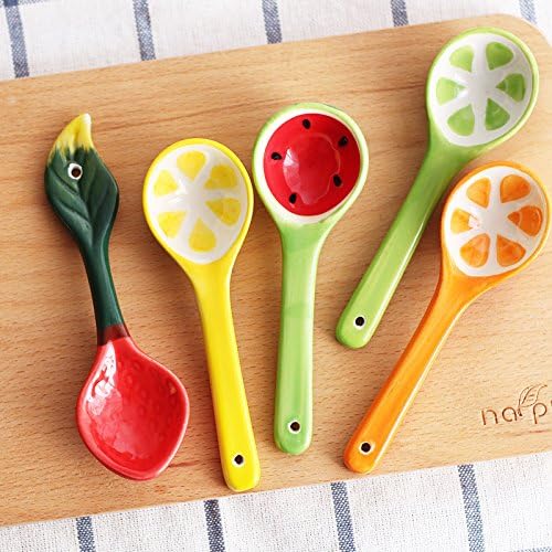XYTMY Fruit Ceramic Spoons Soup Spoon Hand Painted Flower Porcelain Handle Chinese Asian Rice Spoon Appetizer Tableware Light Weight Gift For Children Family Members (Set of 5)