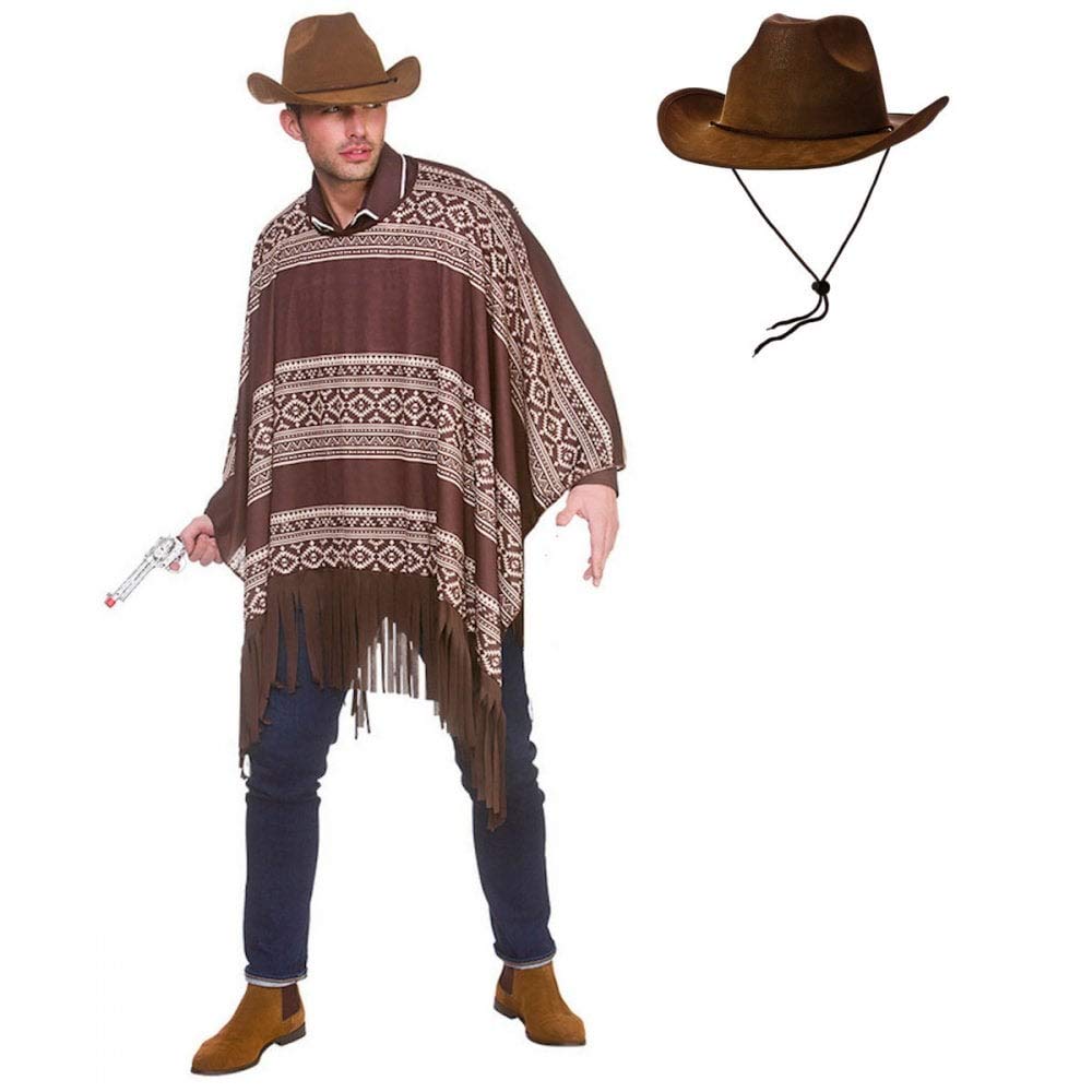 A2ZFD Adult Western Cowboy Poncho Fancy Dress Costume + Brown Suede Cowboy Hat (One Size)