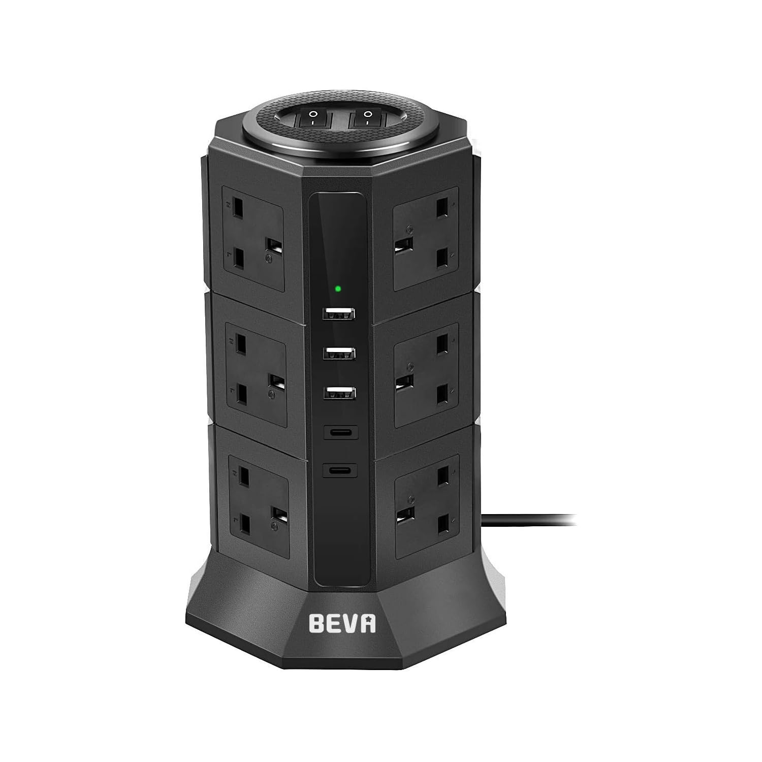 Tower Extension Lead, BEVA Multi Plug Socket 12 Way Outlet Surge Protector Power Strip Electric Charging Station with 5 Smart USB Charger(5V/4.5A), 2M Extension Cords for Home and Office
